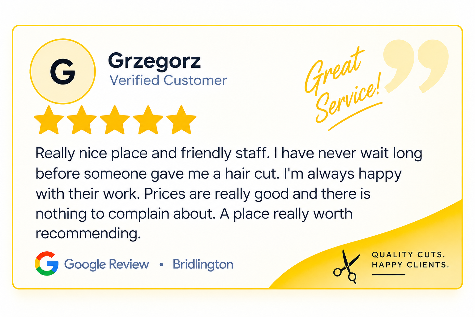 Finished Google review graphic for Grzegorz in Bridlington
