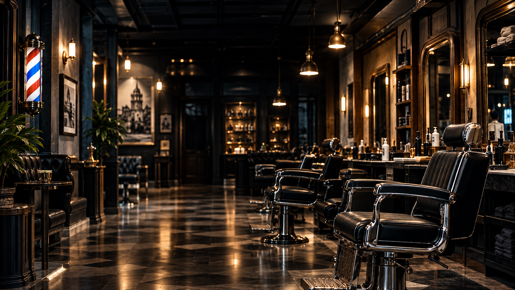 Cinematic branded barbershop interior visual