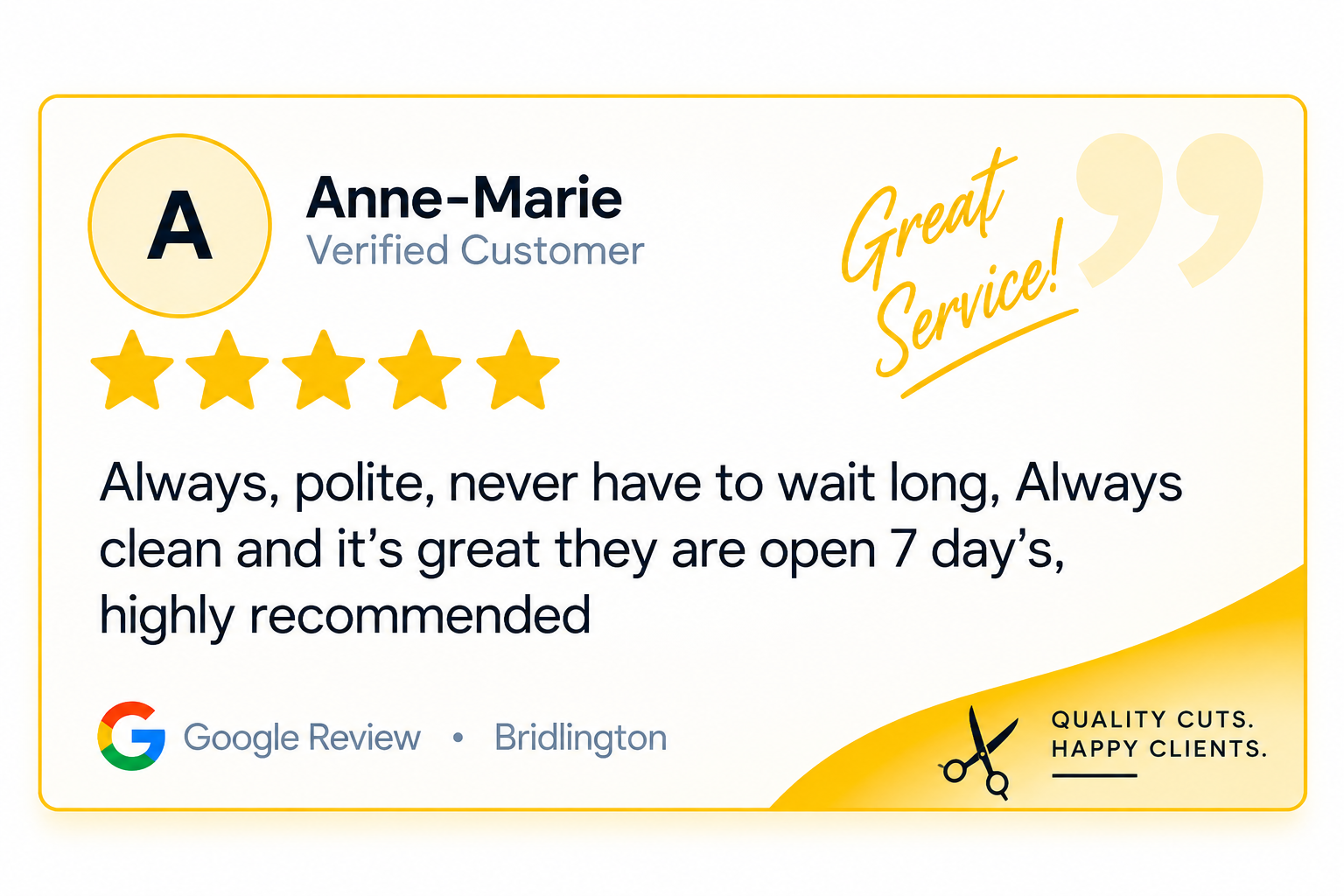 Finished Google review graphic for Anne-Marie in Bridlington