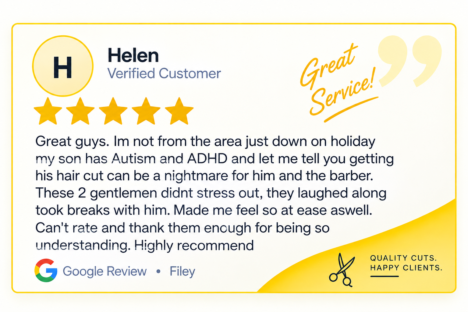 Finished Google review graphic for Helen in Filey