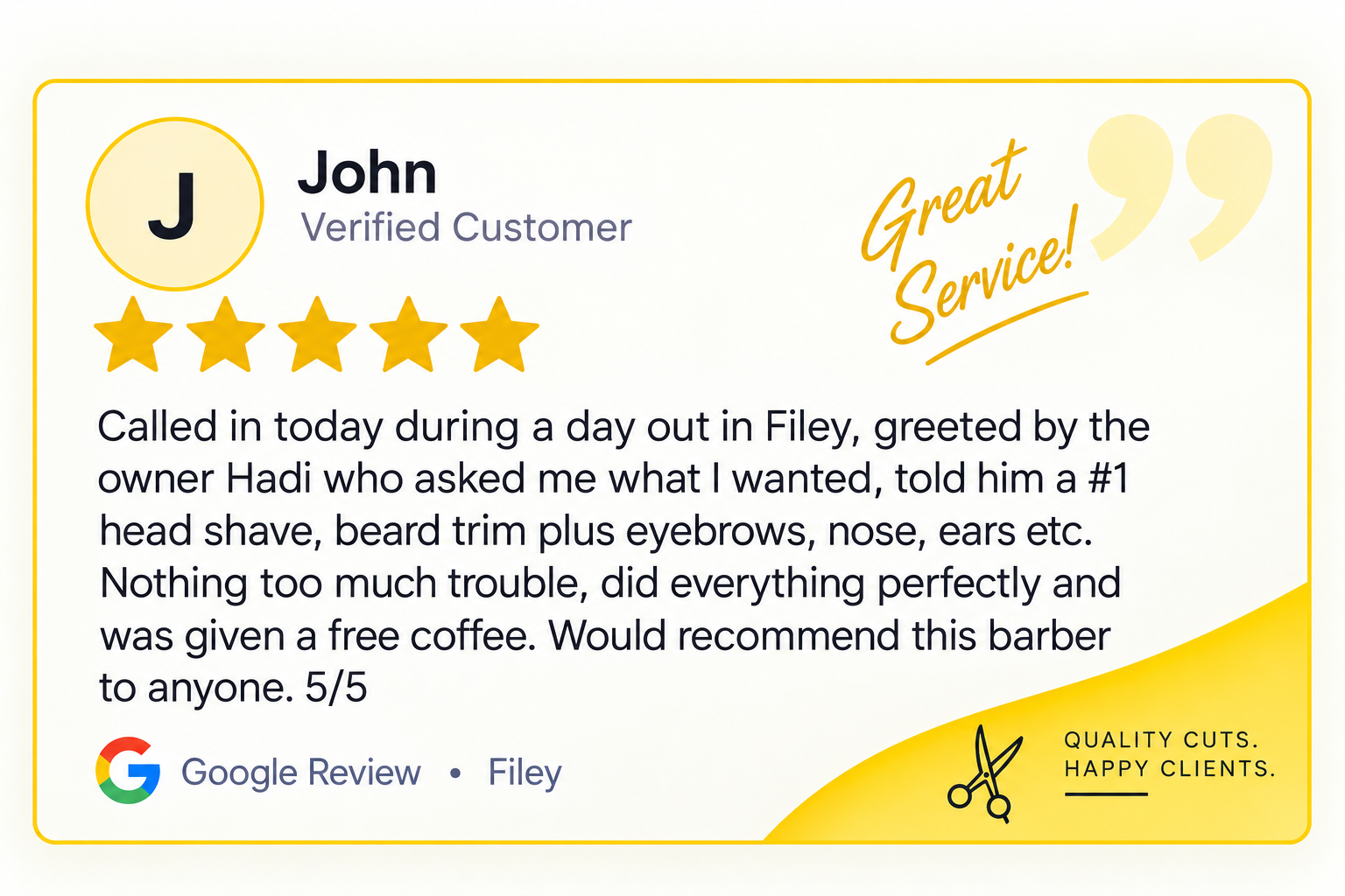Finished Google review graphic for John in Filey