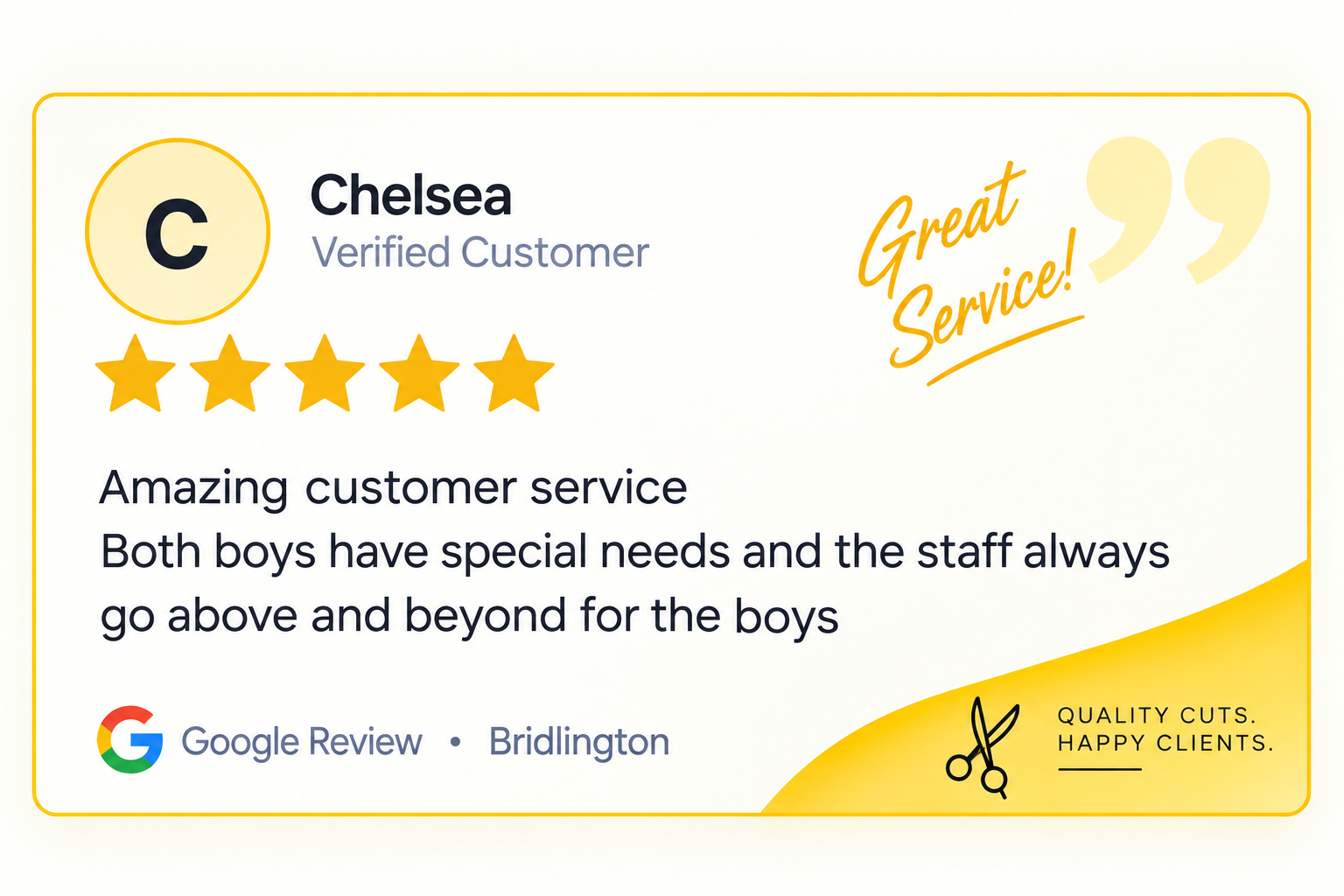 Finished Google review graphic for Chelsea in Bridlington