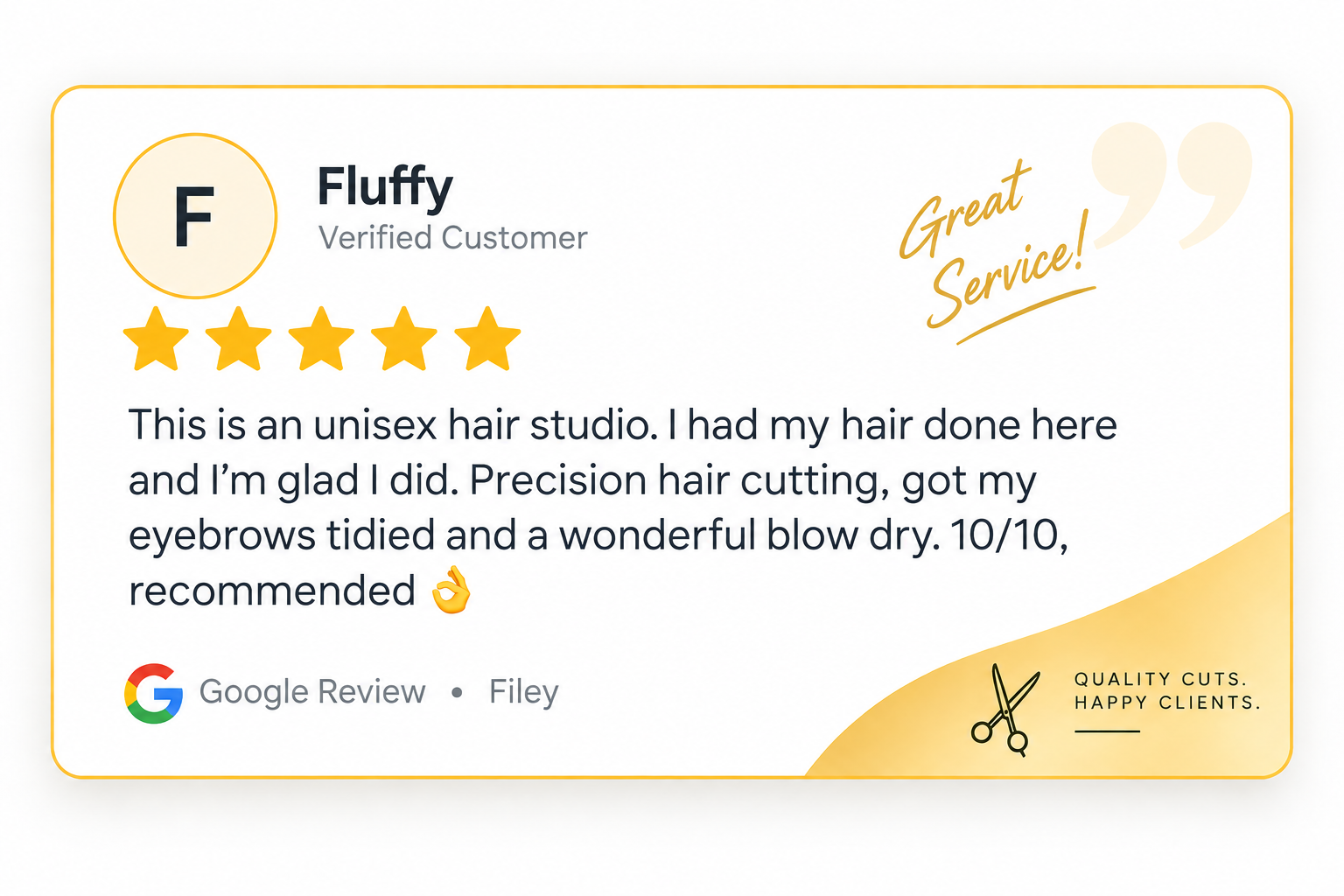 Finished Google review graphic for Fluffy in Filey