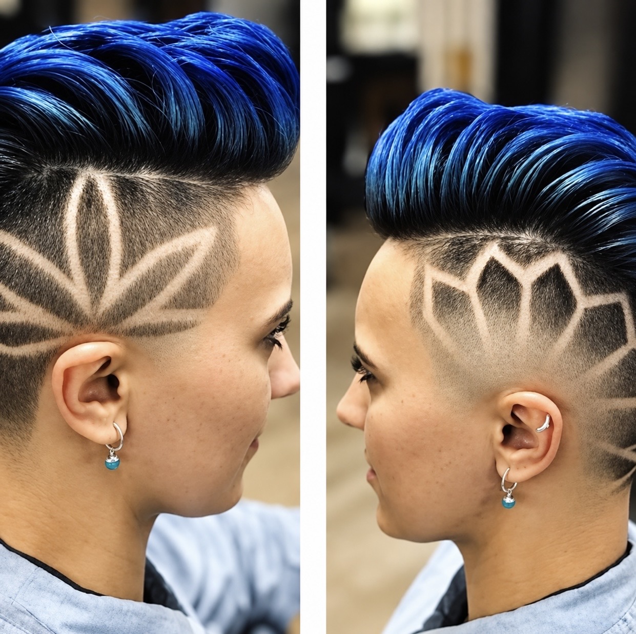 Blue styled haircut with precise geometric shaved patterns