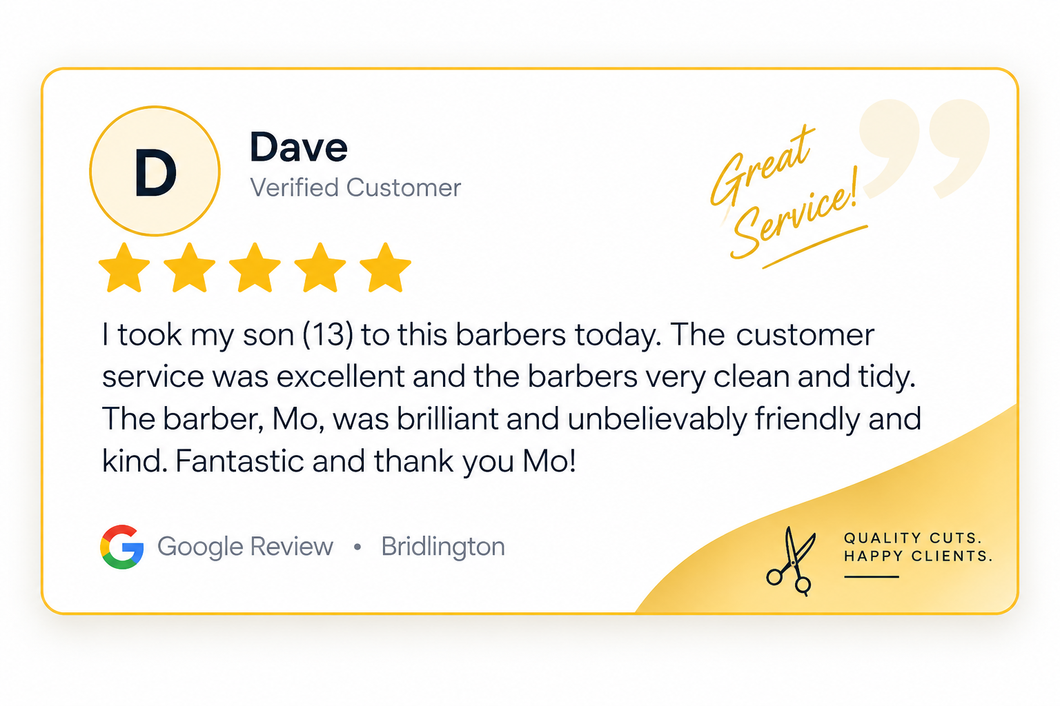 Finished Google review graphic for Dave in Bridlington